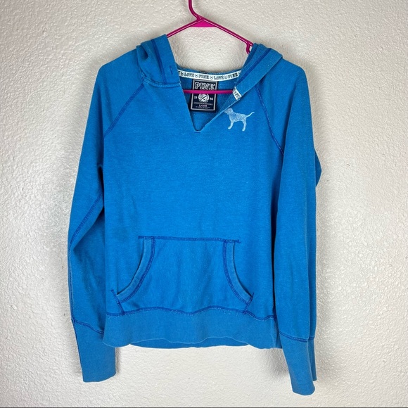 VS Pink Distressed Blue Star Notch Top Hoodie Sweater Large - Picture 8 of 11